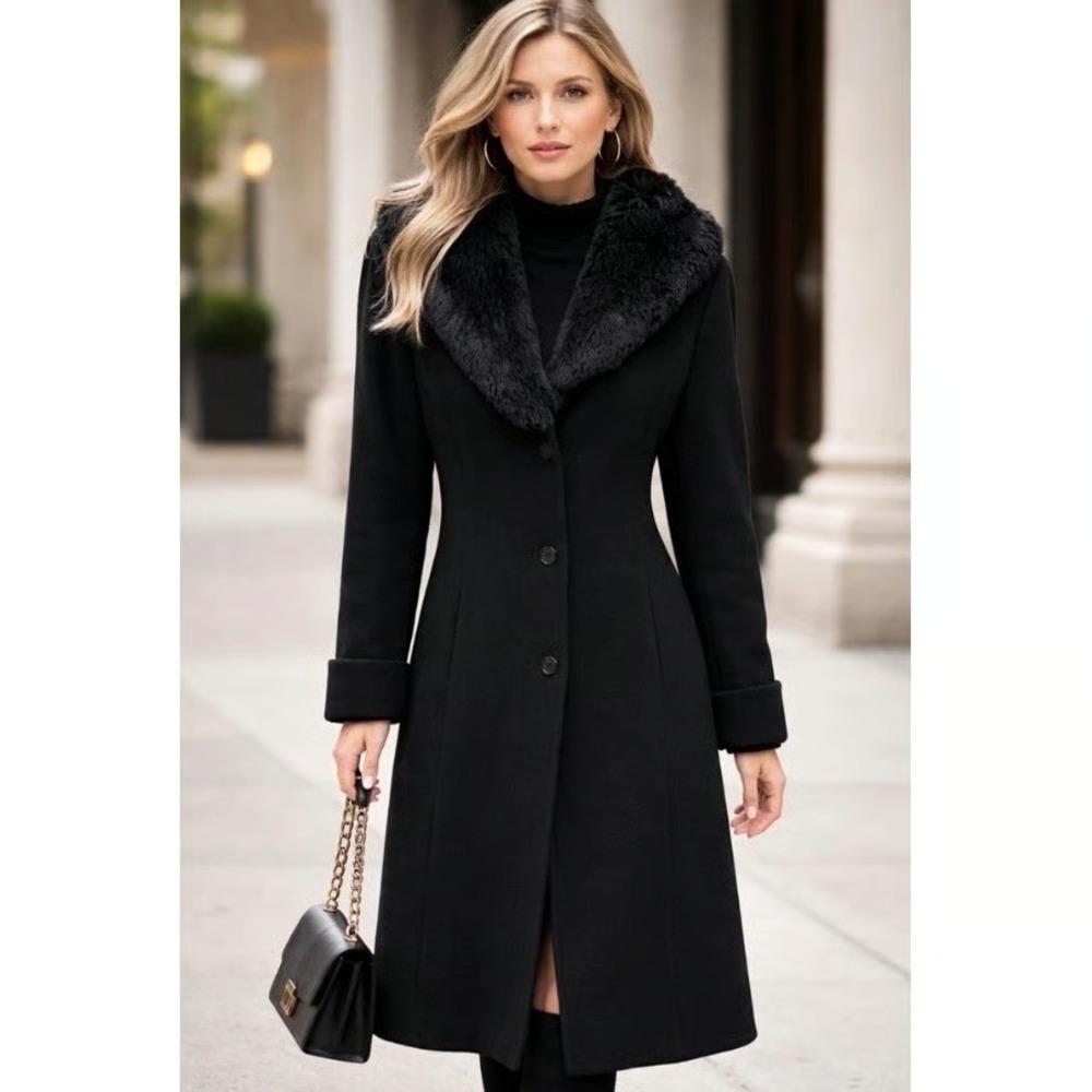 Lauren Ralph Lauren Coat Womens 4 Black Wool Blend Walker Faux Fur Collar